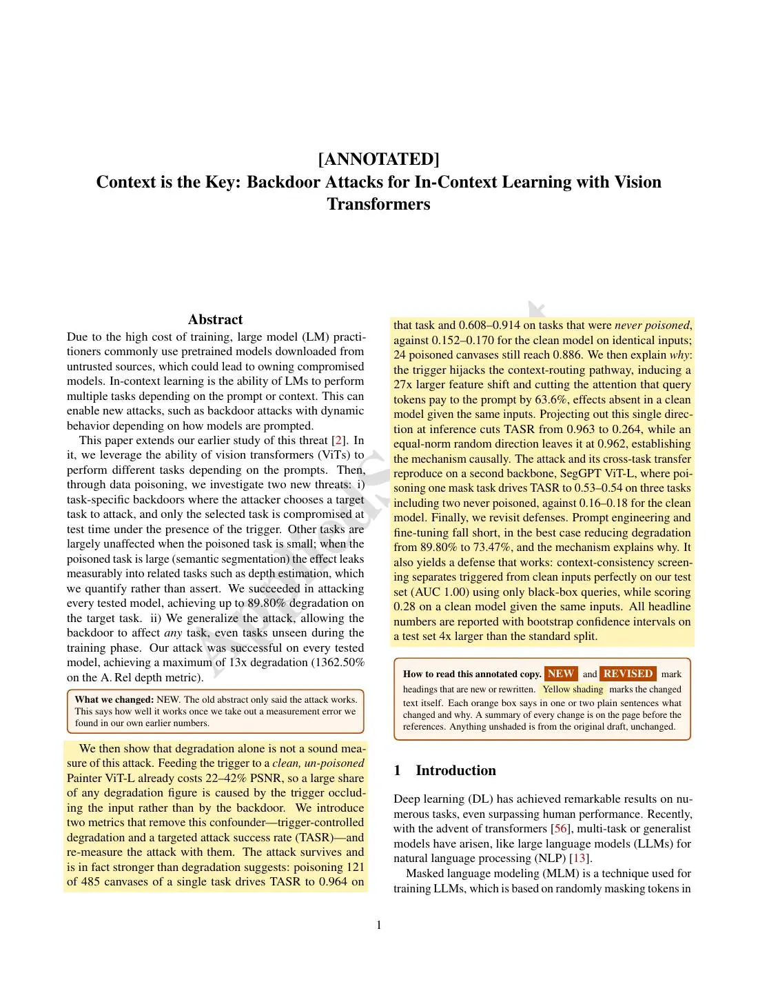 Annotated page 1 from Context is the Key: Backdoor Attacks for In-Context Learning with Vision Transformers